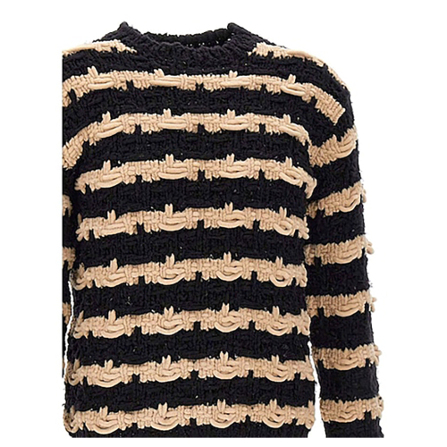 ATOMOFACTORY men's crewneck sweater maxi horizontal knots chenille stripes black/beige AFU55 MADE IN ITALY