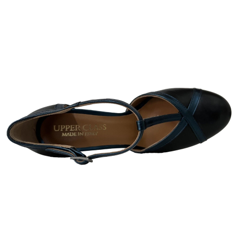 UPPER CLASS t-shaped tango shoe two-tone leather black/petroleum laminate C2301 MADE IN ITALY