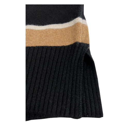 PURO TATTO heavy black women's sweater with camel insert 0262122 100% cashmere MADE IN ITALY