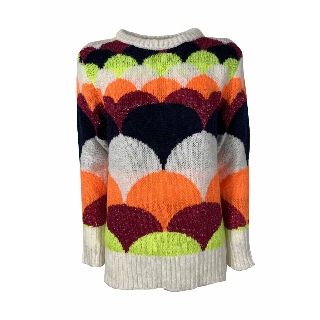 OPEN LAB women's maxi cream crew-neck sweater. multicolor blue/orange/fuchsia VIRGINIA MADE IN ITALY