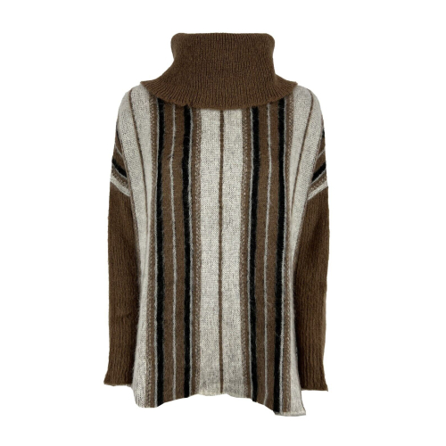 HUMILITY 1949 women's wool sweater with leather/black/cream stripes HE-PU-SALEM MADE IN ITALY