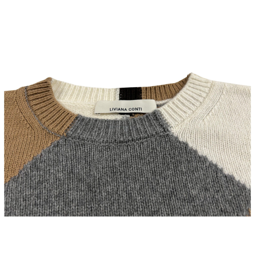 LIVIANA CONTI Grey/incense diamond-shaped sweater in milk/grey recycled cashmere F3WC67 MADE IN ITALY