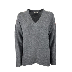 TERRAE CASHMERE women's gray v-neck sweater with coral piping TC00247D 100% cashmere