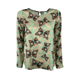 IL THE DELLE 5 women's blouse with green/salmon butterfly pattern BURN 43ST BUTTERFLY MADE IN ITALY