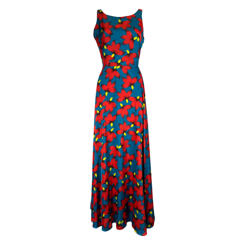 IL THE DELLE 5 long light blue/red women's dress BALI 43ST FLOWERS MADE IN ITALY
