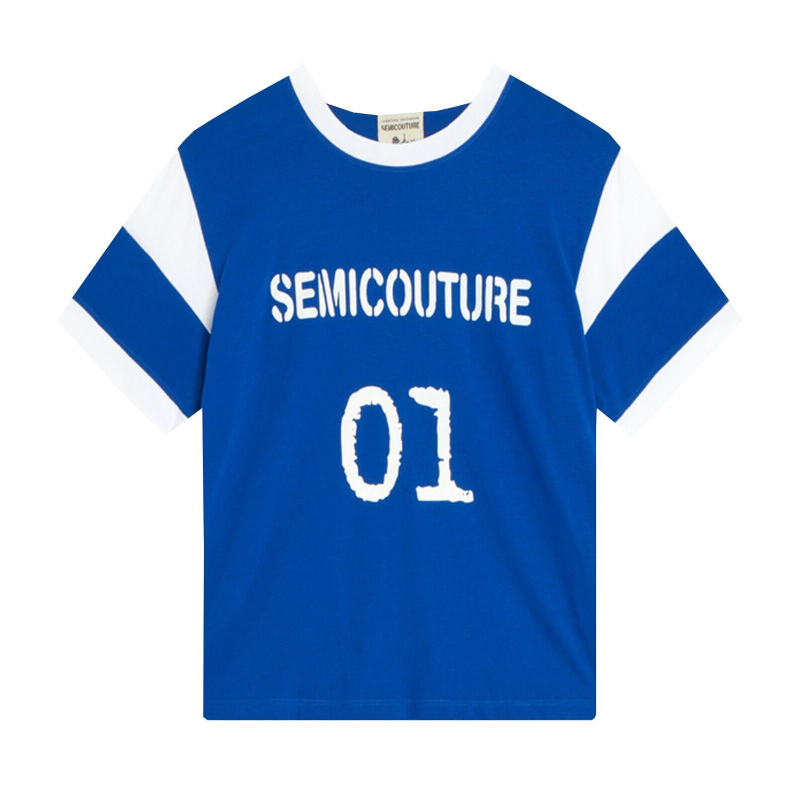 SEMICOUTURE T-shirt with cotton logo print Y4SJ05 KATERINA misty blue-white MADE IN ITALY