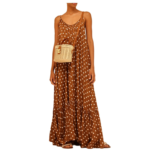 SEMICOUTURE Long flared dress in brown polka dot printed satin YASS03 JAM MADE IN ITALY