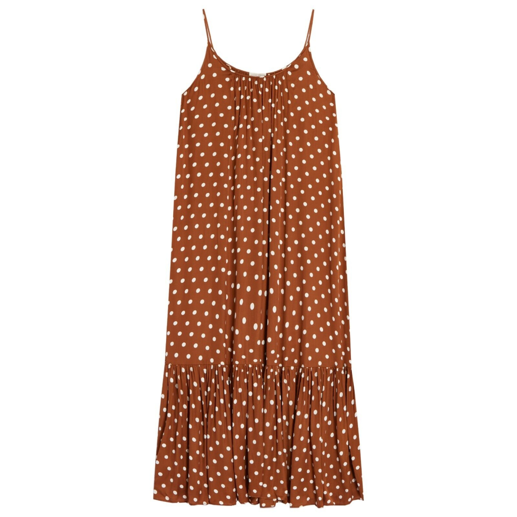 SEMICOUTURE Long flared dress in brown polka dot printed satin YASS03 JAM MADE IN ITALY