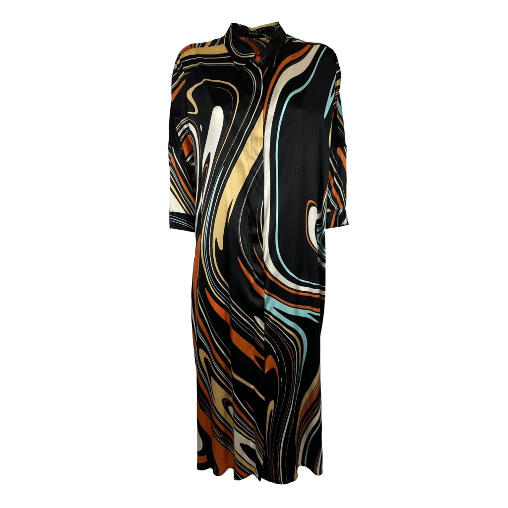 FABIO TOMA black/multicolor silk shirt dress SHARON FLUID TRE MADE IN ITALY