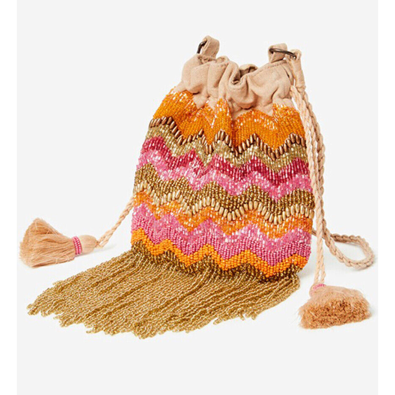 NEKANE mini ecru bucket bag with multicolor beads AB.SHINA 100% cotton