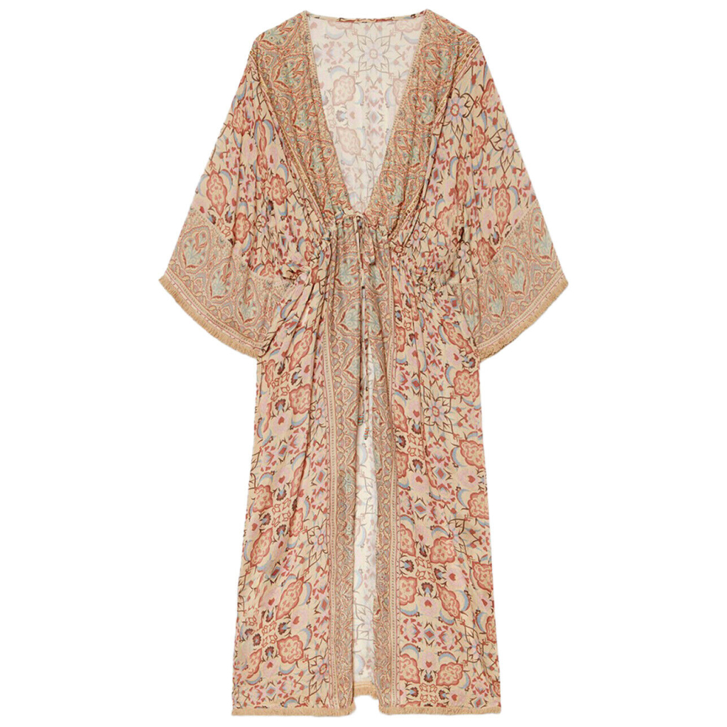 NEKANE Kimono lungo beige stampato con dettagli di perline ricamate GF.NILMA