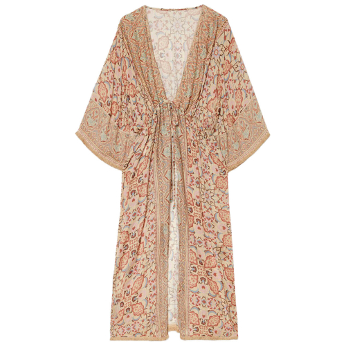 NEKANE Long beige kimono printed with embroidered bead details GF.NILMA