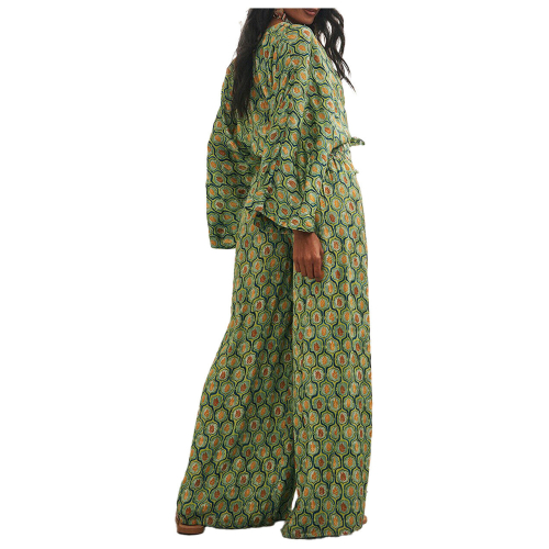 NEKANE Long wide green printed trousers with pockets AU.SAWA