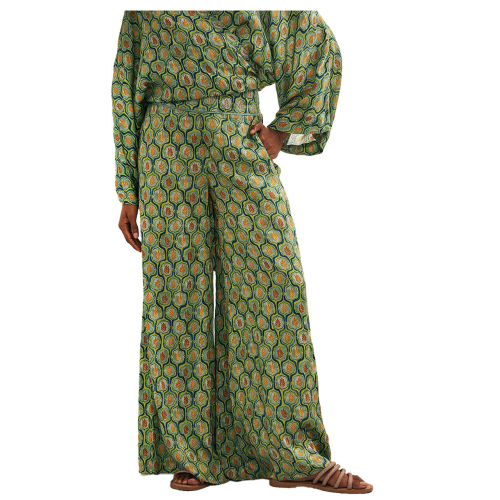 NEKANE Long wide green printed trousers with pockets AU.SAWA