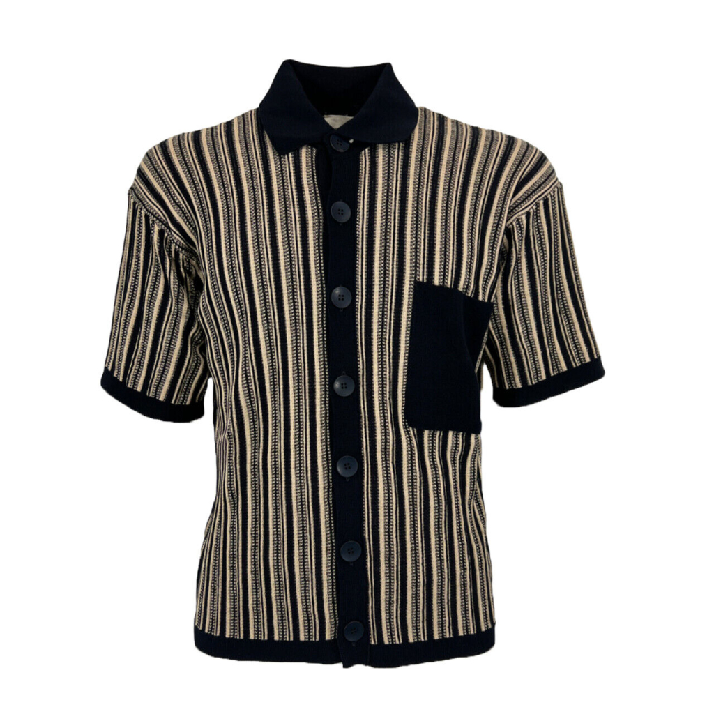 ATOMOFACTORY polo camicia uomo aperta blu righe beige ATF019 100% cotone MADE IN ITALY