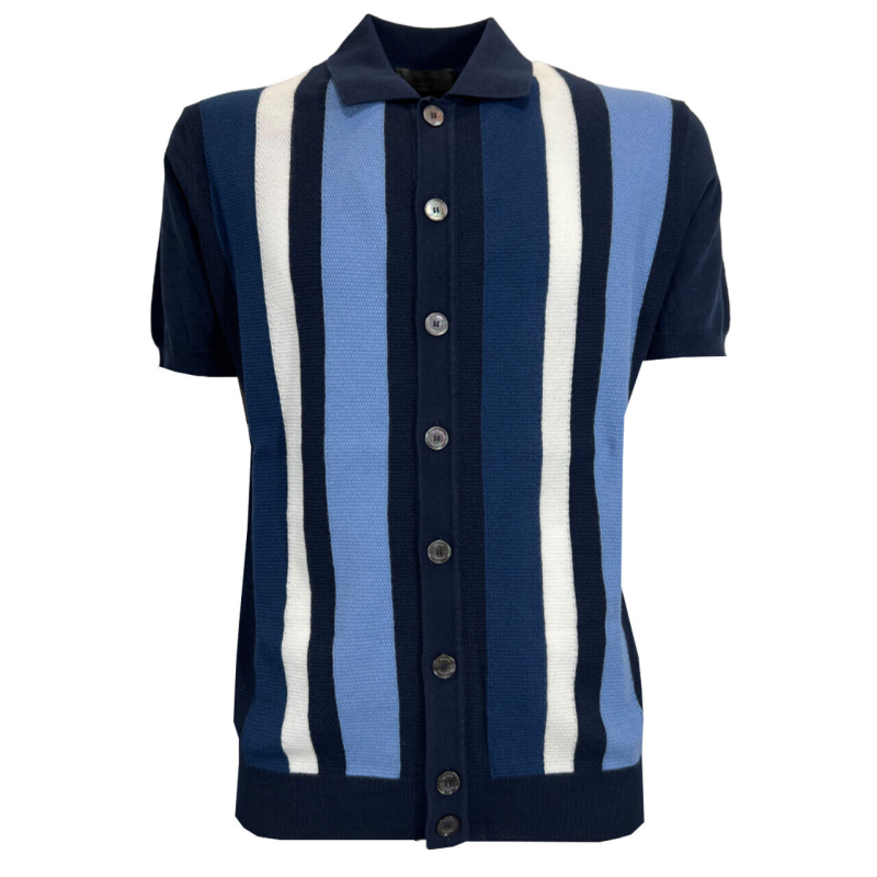 FERRANTE men's open polo shirt with blue/light blue/white stripes U24614 100% cotton MADE IN ITALY