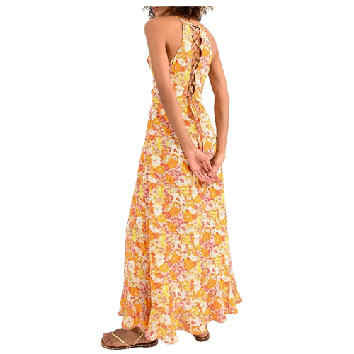 MOLLY BRACKEN long women's dress with yellow/orange floral pattern straps LA70ACP 100% polyester