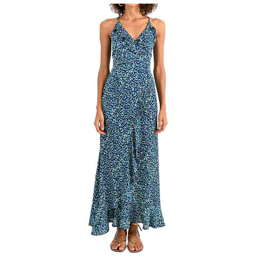 MOLLY BRACKEN long women's dress with blue patterned straps LA70BCP 100% polyester