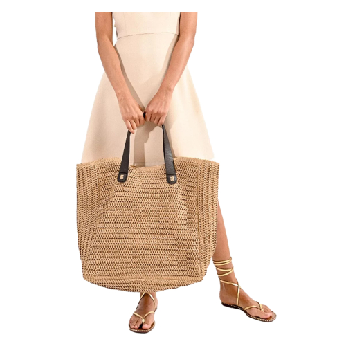 MOLLY BRACKEN beige women's bag in paper straw, brown eco-leather handles H148CE 100% paper