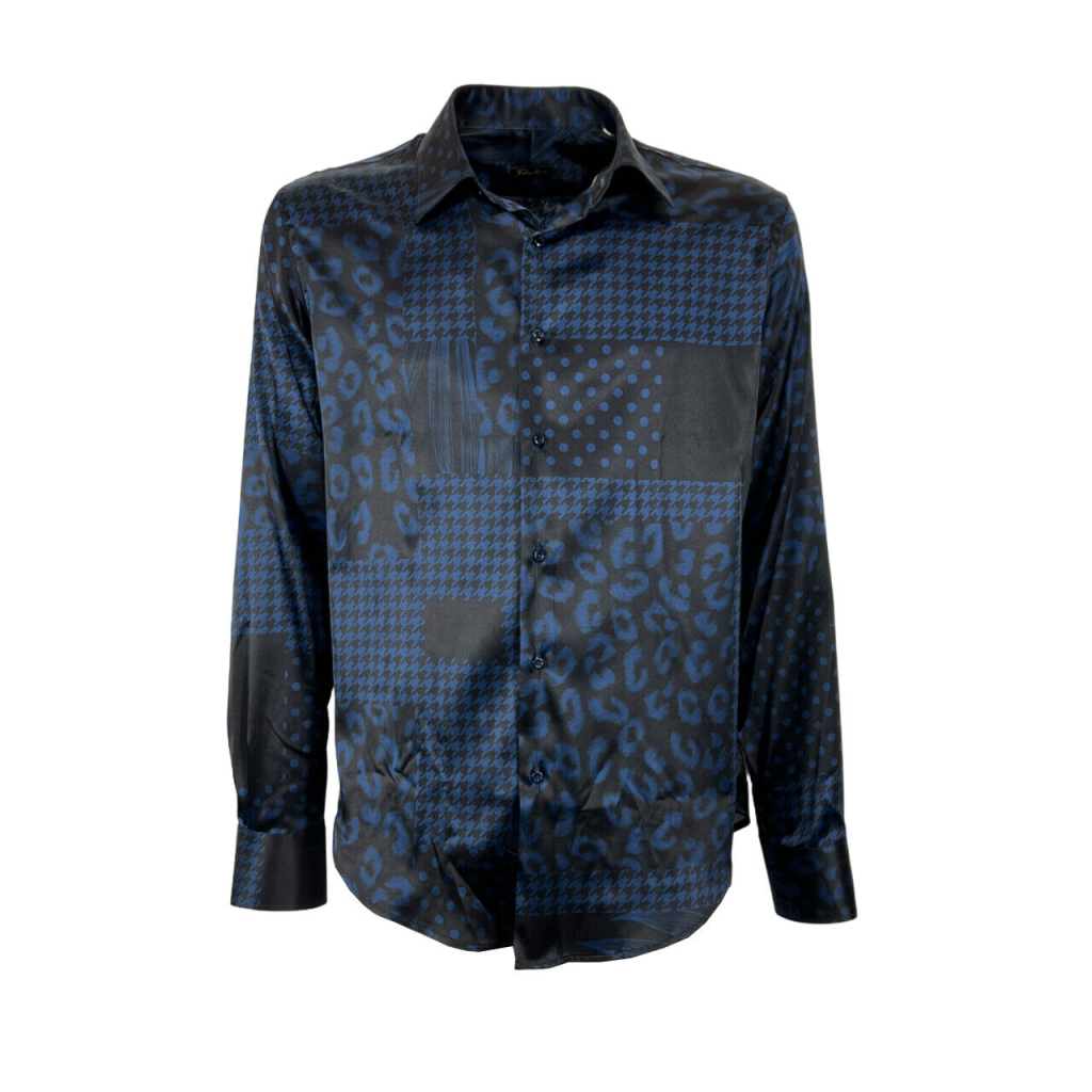 FABIO TOMA black stretch silk shirt blue pattern REGULAR ABSTRACT VAR 7 MADE IN ITALY