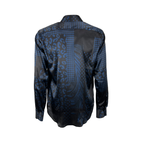 FABIO TOMA black stretch silk shirt blue pattern REGULAR ABSTRACT VAR 7 MADE IN ITALY