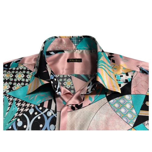 FABIO TOMA black/pink/aqua patterned stretch silk shirt REGULAR DES Z135 MADE IN ITALY