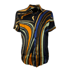 FABIO TOMA camicia seta elasticizzata fantasia nero/arancio/bluette  REGULAR FLUID TRE MADE IN ITALY