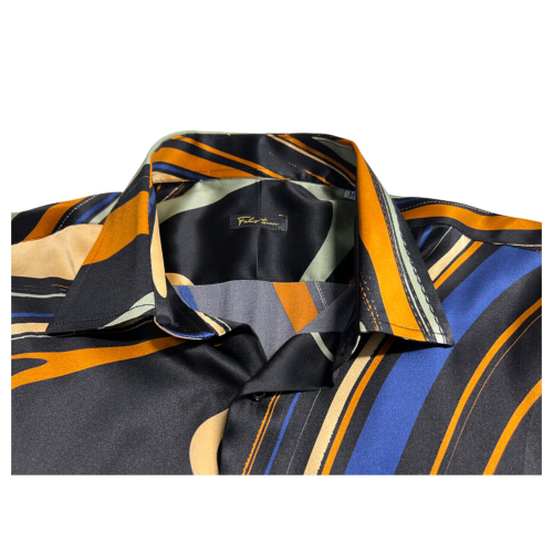 FABIO TOMA black/orange/blue patterned stretch silk shirt REGULAR FLUID TRE MADE IN ITALY