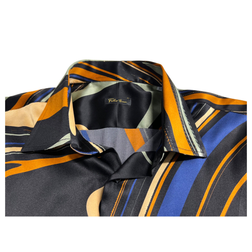 FABIO TOMA camicia seta elasticizzata fantasia nero/arancio/bluette  REGULAR FLUID TRE MADE IN ITALY