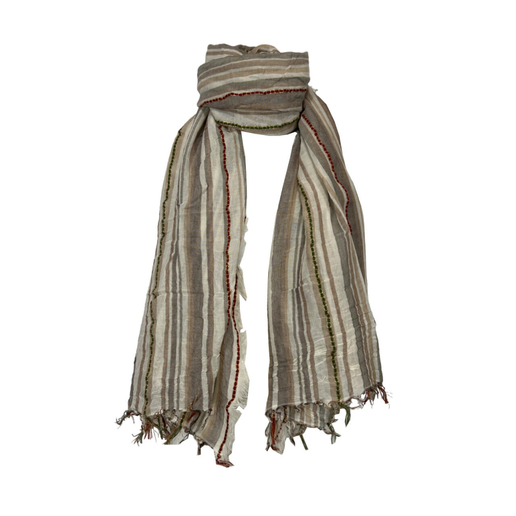 LA FEE MARABOUTEE women's beige scarf with gold/multicolor lurex stripes VOLCANO MADE IN INDIA