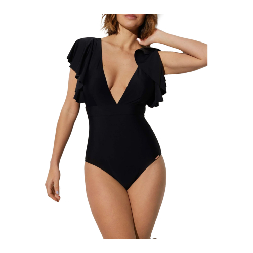 YSABEL MORA black one-piece women's swimsuit with ruffles 82691