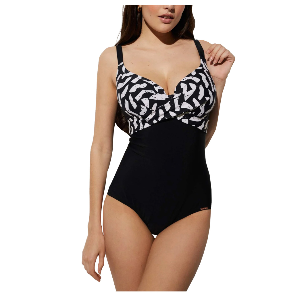 YSABEL MORA black E cup women's one-piece swimsuit with white/black patterned inserts 82570