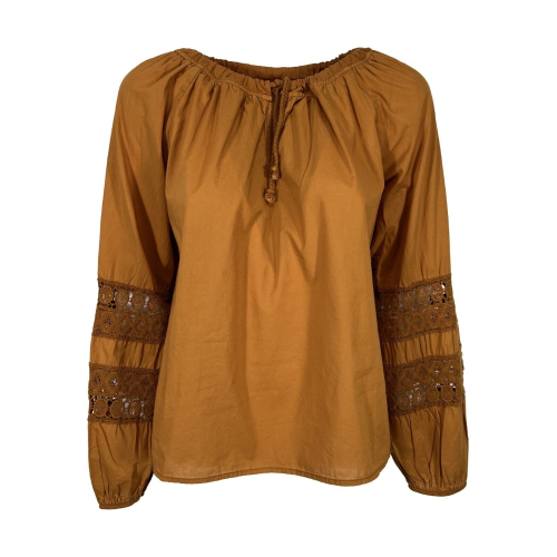 LA FEE MARABOUTEE blusa donna FF-TO-SOLAR-S 100% cotone in tinta curry MADE IN ITALY
