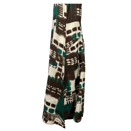 O'MER brown/green flared patterned dress OM035D 100% linen MADE IN ITALY