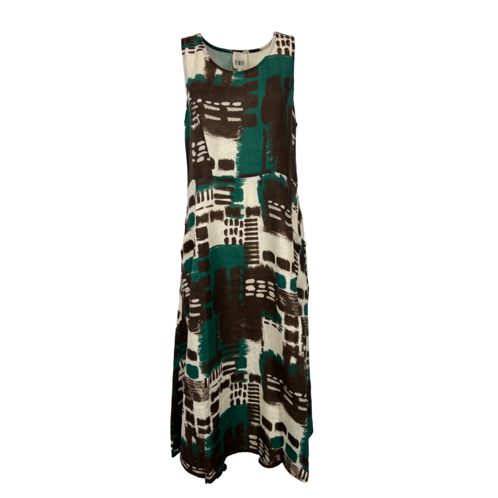 O'MER brown/green flared patterned dress OM035D 100% linen MADE IN ITALY