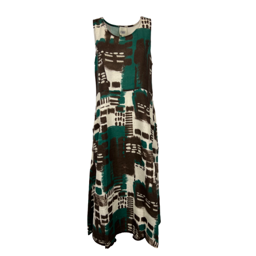 O'MER brown/green flared patterned dress OM035D 100% linen MADE IN ITALY