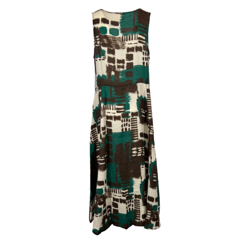 O'MER brown/green flared patterned dress OM035D 100% linen MADE IN ITALY