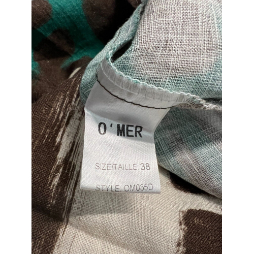 O'MER brown/green flared patterned dress OM035D 100% linen MADE IN ITALY