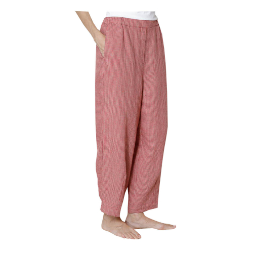 NEIRAMI pantalone donna ovetto quadri beige/rosso P933LC BLUSANTE 100% lino MADE IN ITALY