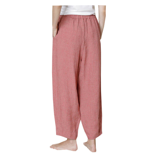 NEIRAMI pantalone donna ovetto quadri beige/rosso P933LC BLUSANTE 100% lino MADE IN ITALY