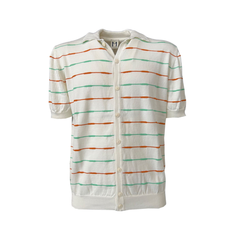 MOLO ELEVEN Men's white open polo shirt with orange/green stripes GIBUTI 100% cotton MADE IN ITALY