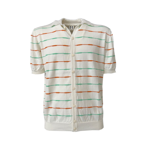 MOLO ELEVEN Men's white open polo shirt with orange/green stripes GIBUTI 100% cotton MADE IN ITALY