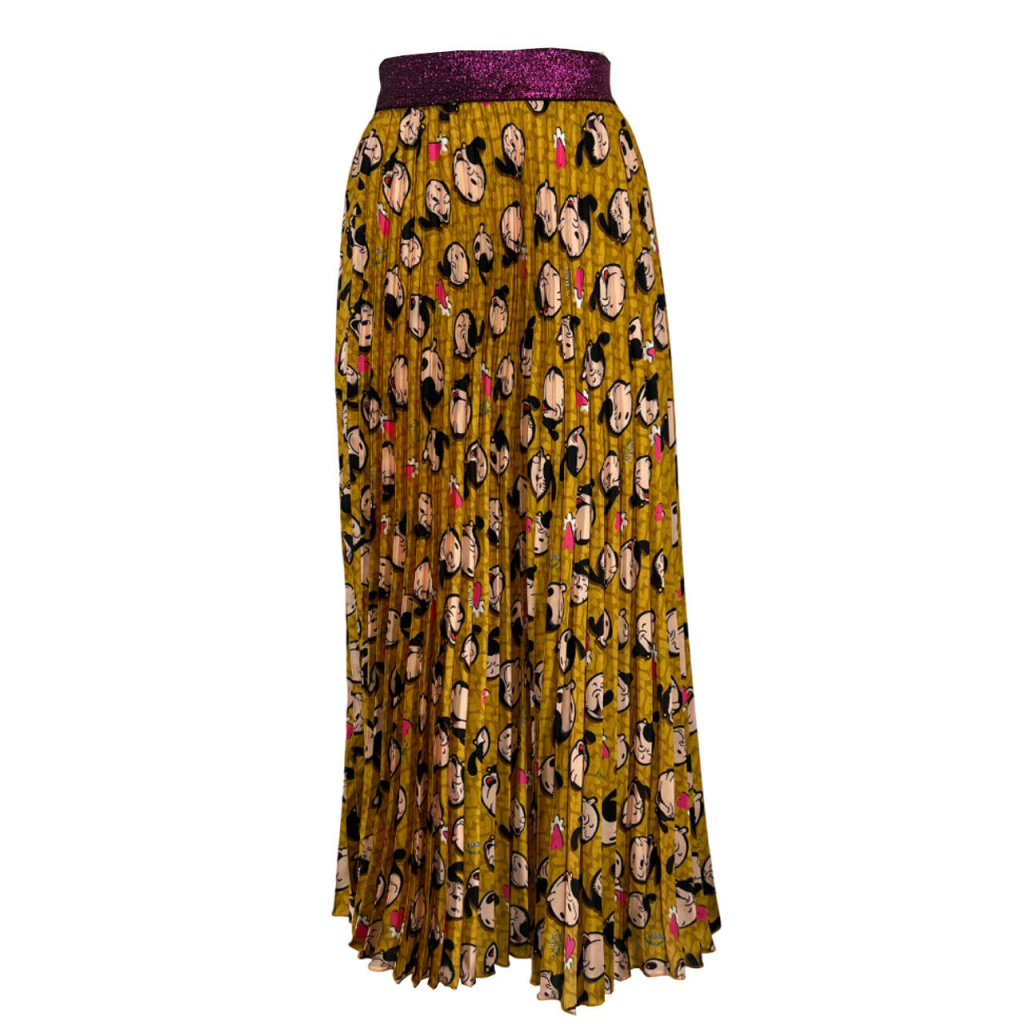IL THE DELLE 5 mustard pleated skirt with Olivia LILI 56ST POPEYE pattern MADE IN ITALY
