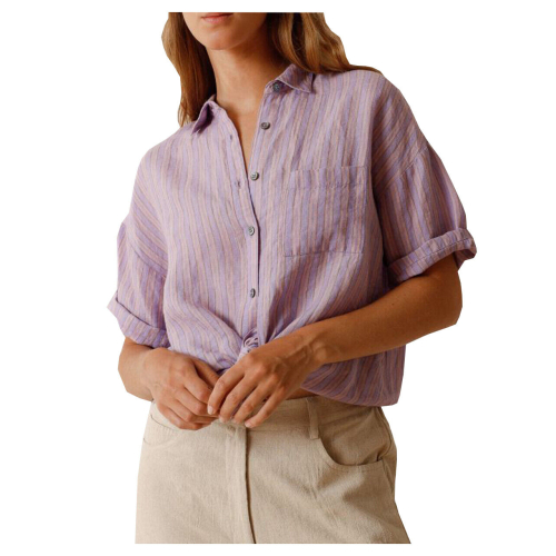 INDI&COLD camicia donna lino a righe KI255 con taschino