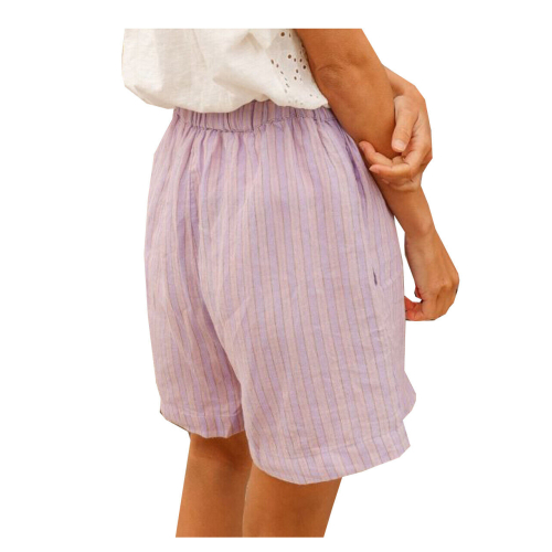 INDI&COLD women's linen striped Bermuda shorts elastic waistband side pockets KI256