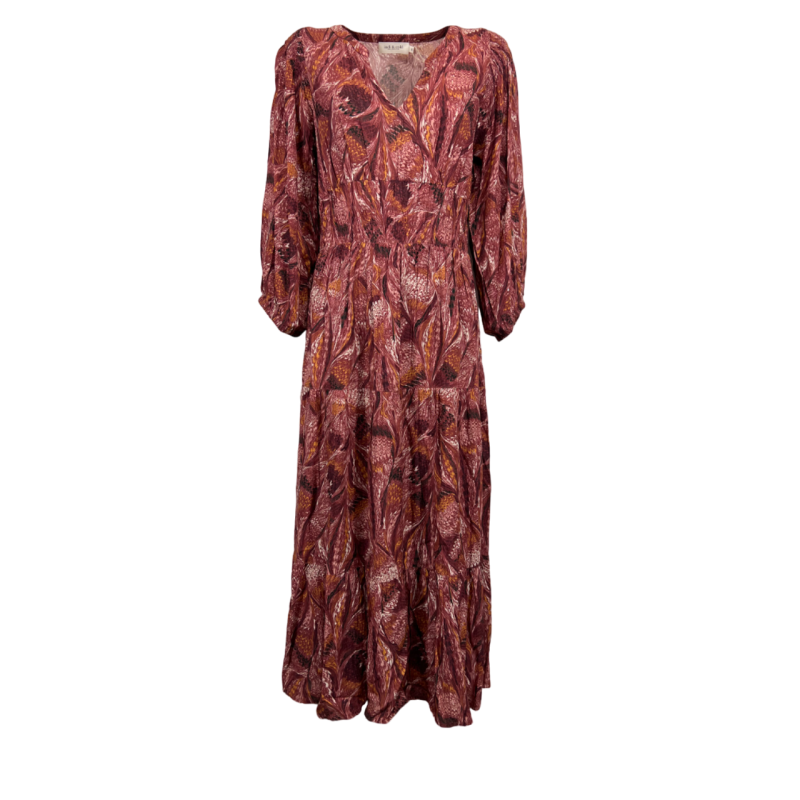 INDIANDCOLD abito donna lungo a balze bordeaux/rosa KI300 100% viscosa