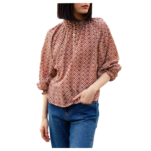 INDI&COLD women's shirt ecru/burgundy pattern MC155P 100% organic cotton