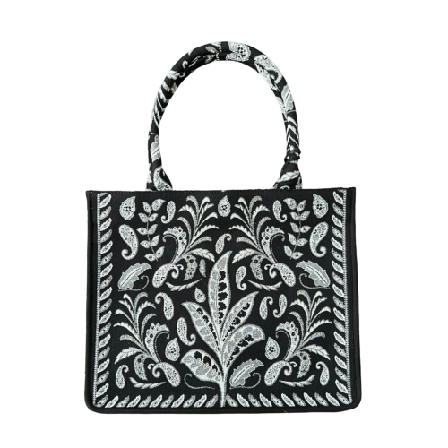 LA FEE MARABOUTE borsa shopper canvass pesante floreale nero/bianco ZUMIRA MADE IN INDIA