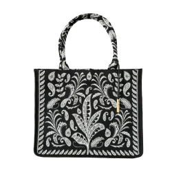 LA FEE MARABOUTE borsa shopper canvass pesante floreale nero/bianco ZUMIRA MADE IN INDIA
