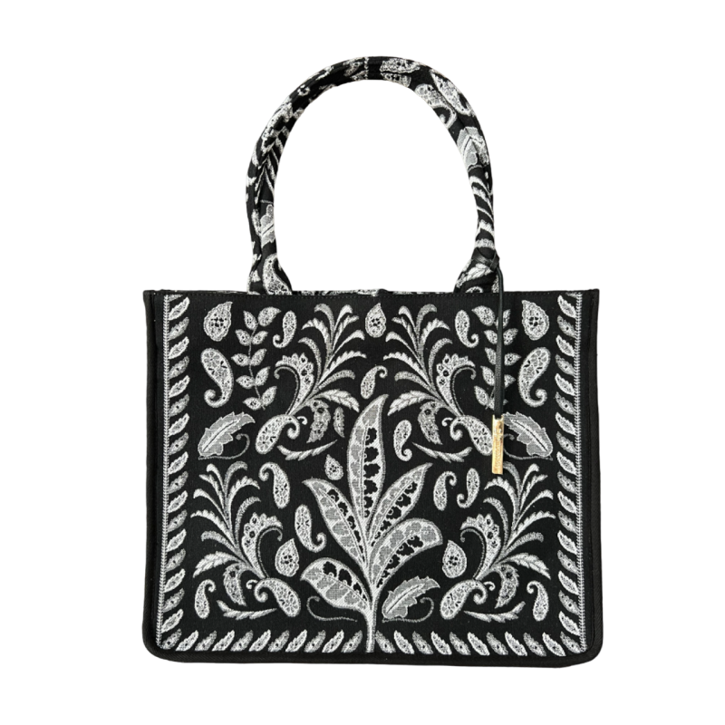 LA FEE MARABOUTE borsa shopper canvass pesante floreale nero/bianco ZUMIRA MADE IN INDIA
